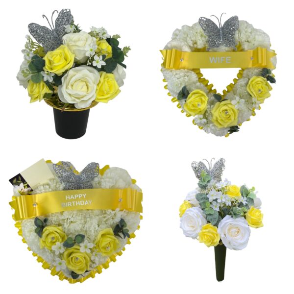 Artificial grave pot flowers funeral heart yellow